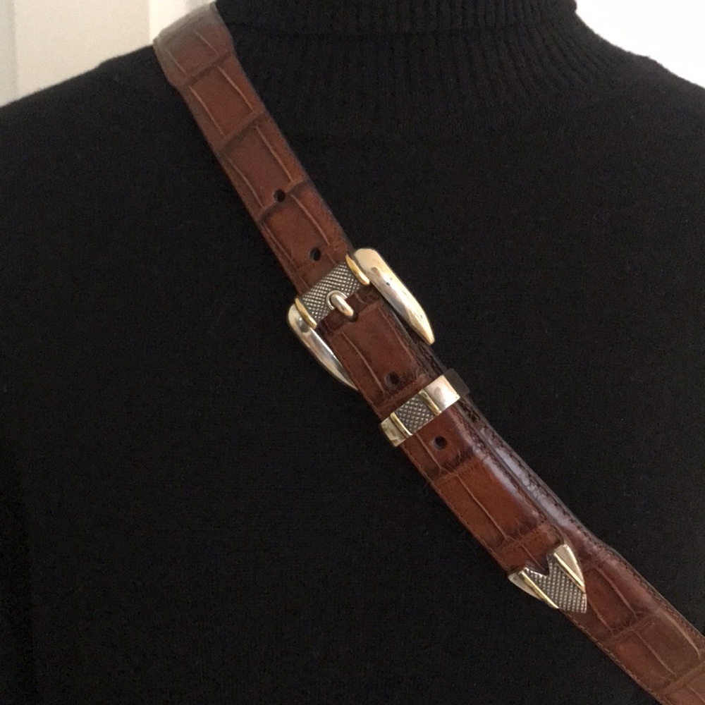 Brown Croc Crocodile Embossed Leather Belt Silver & Gold Southwest Hardware 38